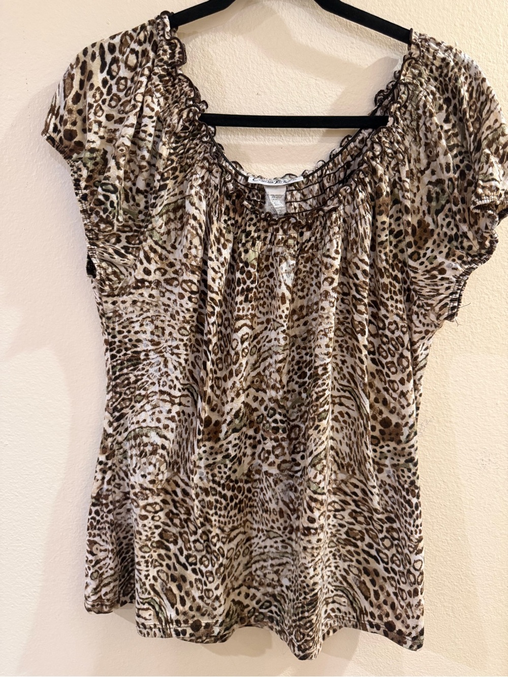 Claudia Richard Women's Leopard Animal Print Ruffle Scoop Neck Top XL Brown